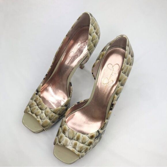 Jessica Simpson JOSETTE Green Reptile Print Leather Open Toe Pimp Heels - Picture 4 of 16